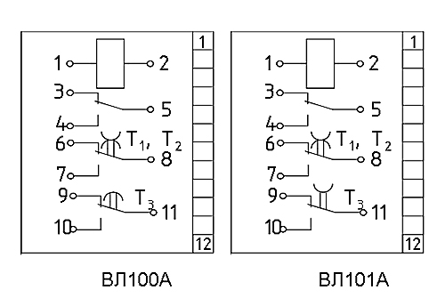 Схемы подключения реле ВЛ-100А, ВЛ-101А