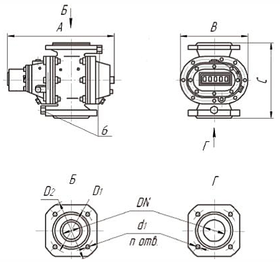 Размеры счетчиков газа РГ-К-Ех типоразмеров G25 - G100